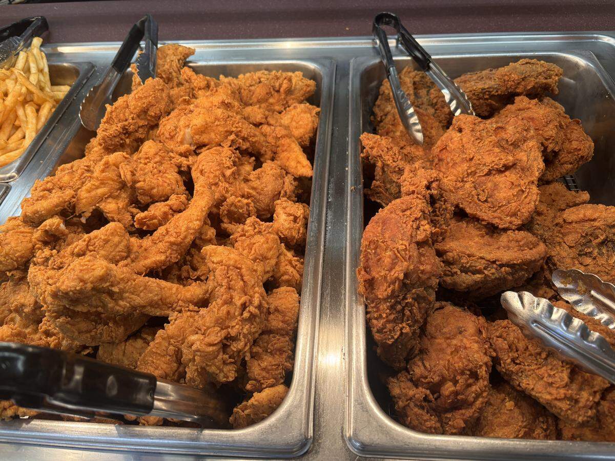 A closer look at the fried chicken in the hot bar at Burkholder’s Country Market on March 5, 2026.