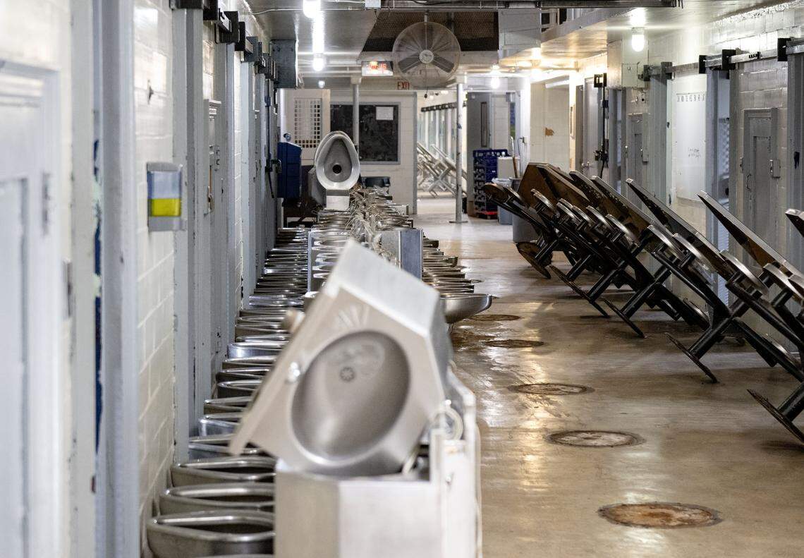 Toilets and sinks have been removed from the cells in the B block at Rockview state prison on Monday, March 2, 2026.  