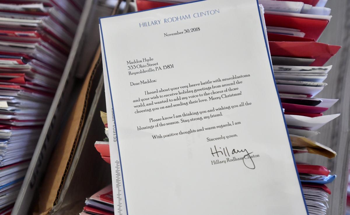 Maddox Hyde has received thousands of Christmas cards in the last month including a letter from Hillary Clinton.