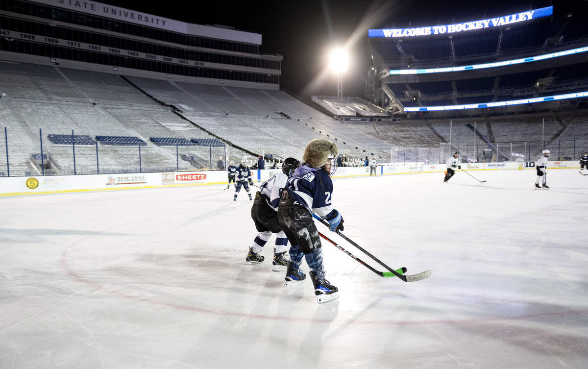 The Icers 10U team plays on the ice at Beaver Stadium on Wednesday, Jan. 28, 2026.