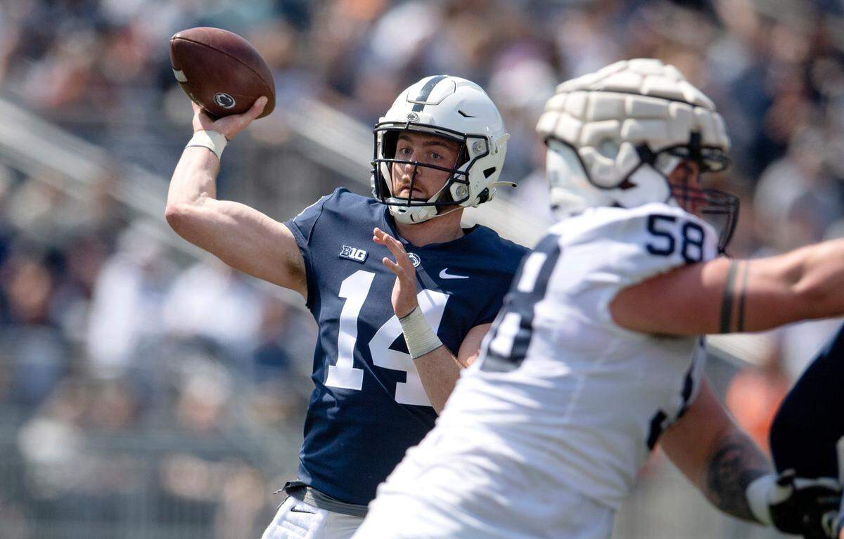Penn State quarterback Sean Clifford makes a pass during the Blue-White game on Saturday, April 23, 2022.