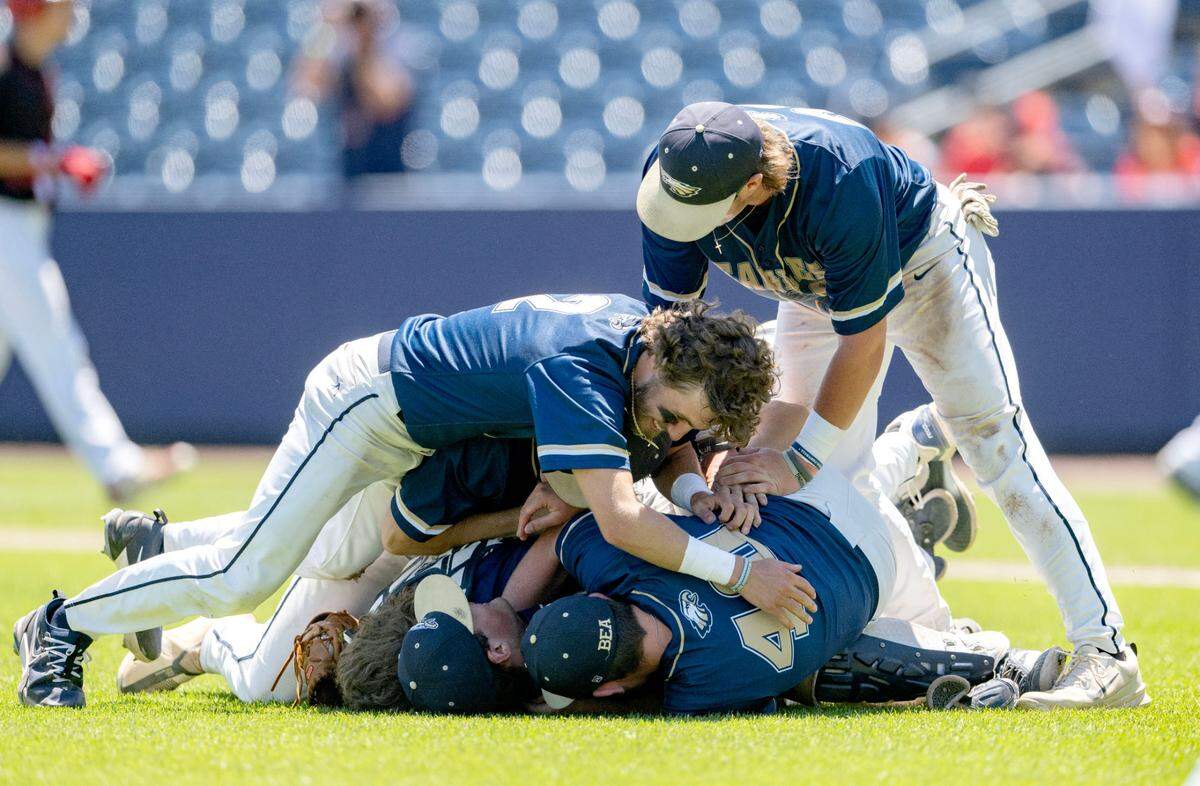 Bald Eagle Area baseball celebrates the win over Tri-Valley in the PIAA 2A championship game at Medlar Field on Thursday, June 13, 2024.