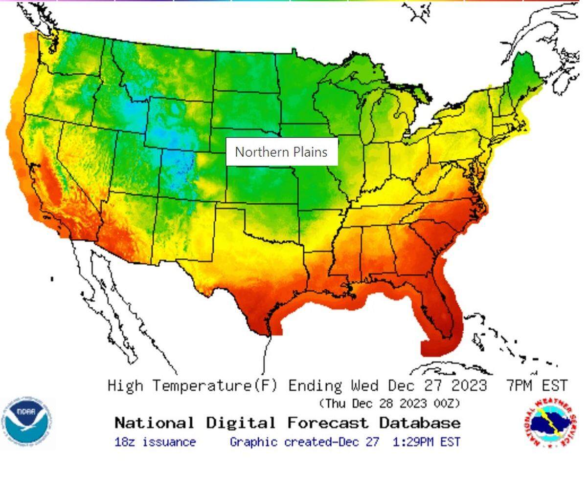 A look at the national temperature map Wednesday, which shows Pennsylvania is hovering around 50 degrees in late December. The high Thursday in State College is set to be 52 degrees.