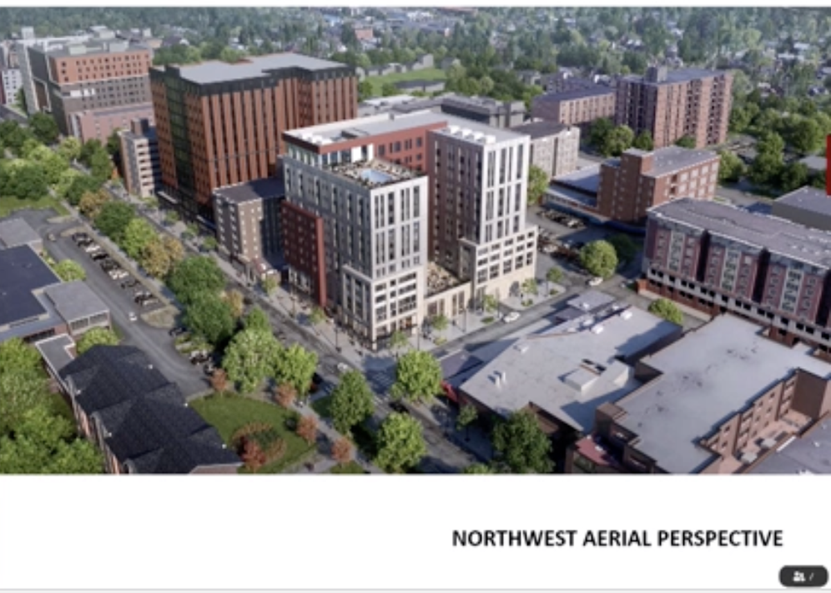 A rendering of the view of The Mark, a 12-story high-rise building planned for downtown State College.
