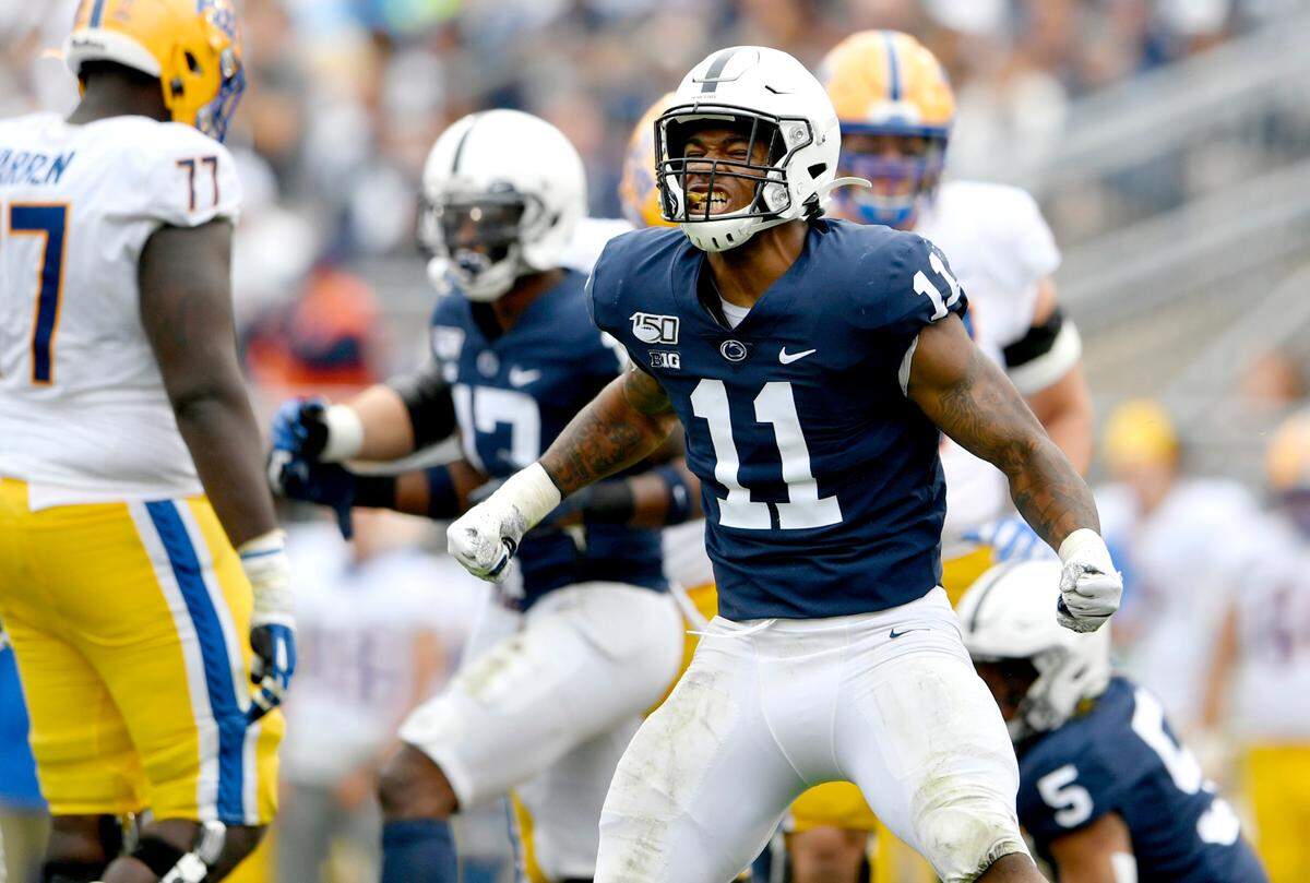 Penn State linebacker Micah Parsons celebrates a tackle during the game against Pitt on Saturday, Sept. 14, 2019.