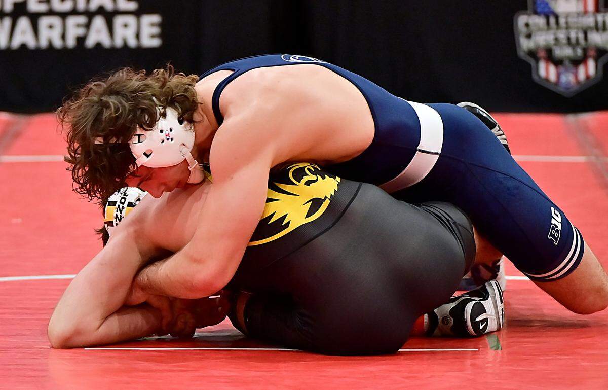 Penn State’s Levi Haines controls Missouri’s Keegan O’Toole in their 174-pound bout of the Nittany Lions’ 41-3 win on Sunday at the Journeymen Collegiate Duals in Nashville, Tenn. O’Toole topped Haines, 4-1, in sudden victory.