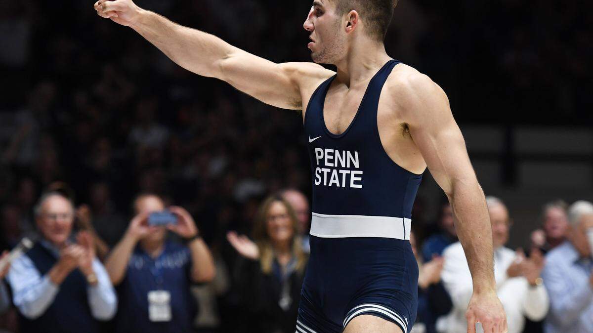 Penn State’s Anthony Cassar celebrates after beating Ohio State’s Kollin Moore in the 197-pound bout last season when the Nittany Lions edged the Buckeyes 19-18 at Rec Hall. This time, Penn State travels to Columbus on Friday.