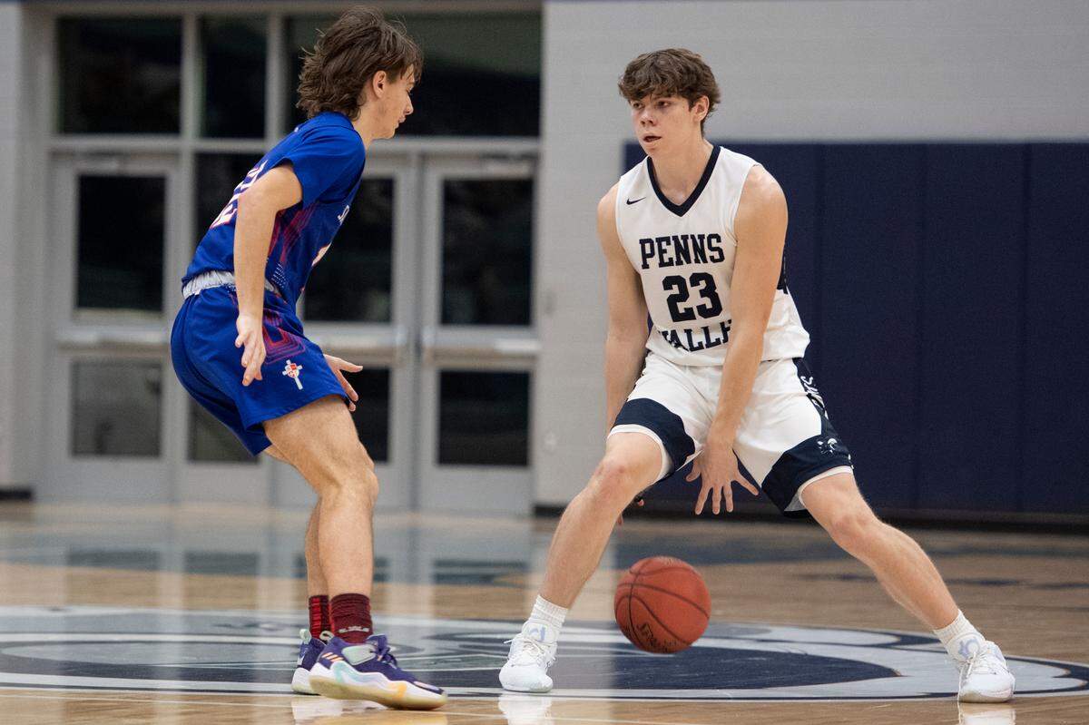 Penns Valley’s Zach Braucht dribbles the ball during a high school basketball game between Penns Valley Area High School and Saint Joseph’s Catholic Academy on Jan. 14.