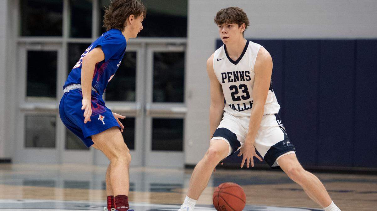 Penns Valley’s Zach Braucht dribbles the ball during a high school basketball game between Penns Valley Area High School and Saint Joseph’s Catholic Academy on Friday, Jan. 14, 2022 in Spring Mills, Pa. Penns Valley defeated Saint Joseph 50-26.