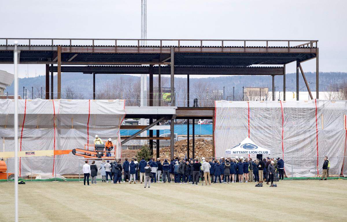 Construction crews work on the soccer facility on Tuesday, Feb. 25, 2025.