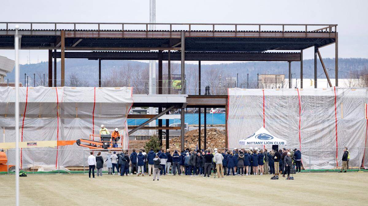 Construction crews work on the soccer facility on Tuesday, Feb. 25, 2025.
