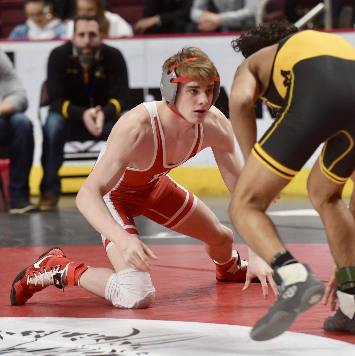 Bellefonte’s Lane Aikey earned a 3-0 decision over Freedom’s Luis Vargas at 120 pounds Thursday during the first round of the PIAA Class 3A wrestling championships at the Giant Center in Hershey.