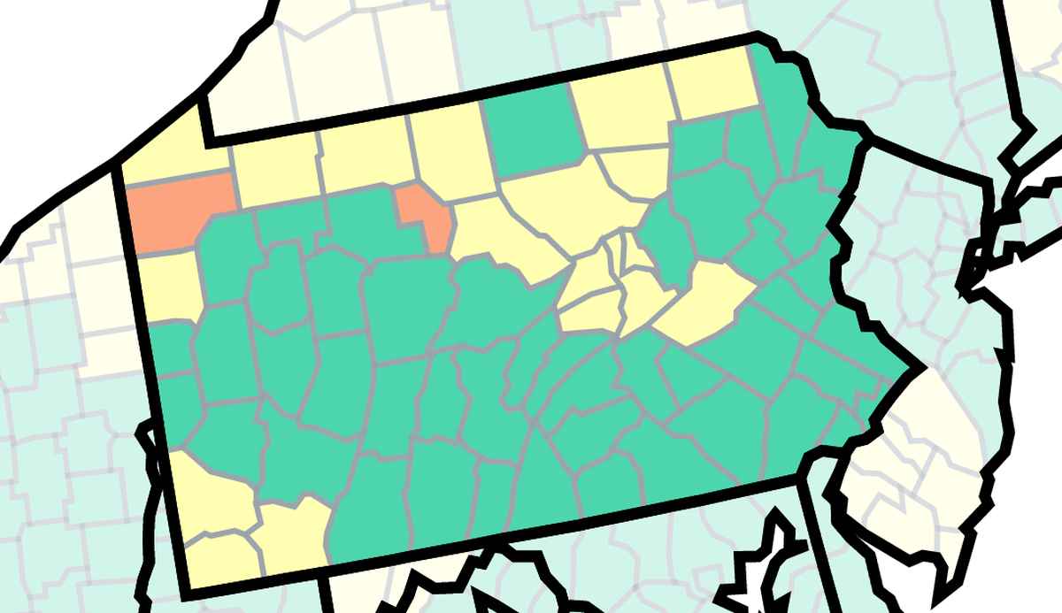 This map of Pennsylvania from the U.S. Centers for Disease Control and Prevention shows COVID-19 community levels by county as of March 10, 2023. The orange are at high, yellow at medium and green at low.