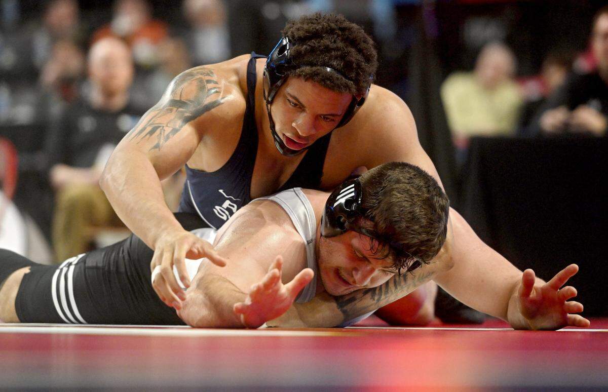 Penn State’s Greg Kerkvliet controls Rutgers Yaraslau Slavikouski in a 285 lb semifinal bout of the Big Ten Wresting Championships at the Xfinity Center at the University of Maryland on Saturday, March 9, 2024.