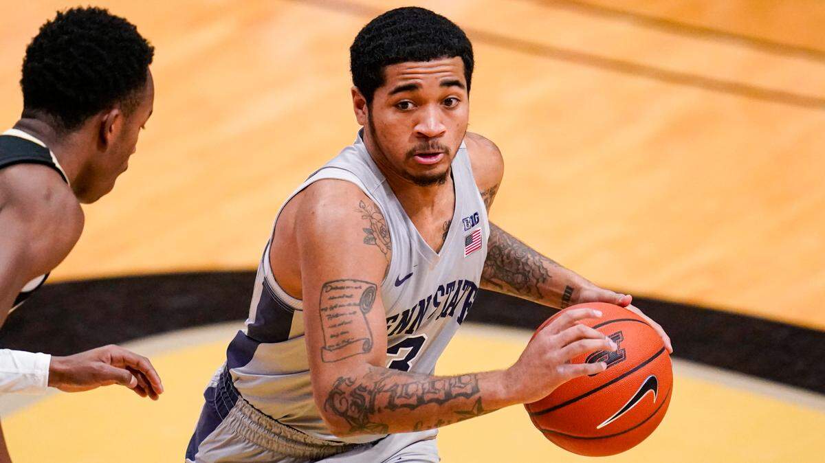 Penn State guard Sam Sessoms (3), pictured during the Jan. 17, 2021 game against Indiana, is a player to watch in Friday’s game vs. Maryland.