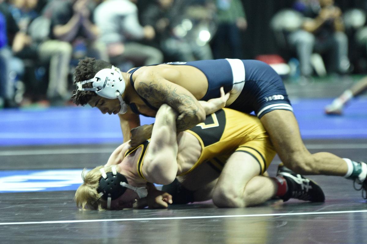 Penn State’s Roman Bravo-Young controls Appalachian State’s Ethan Oakley in their 133-pound first round match of the NCAA Championships on Thursday, March 16, 2023 at the BOK Center in Tulsa, Okla. Bravo-Young earned a 12-3 win over Oakley.