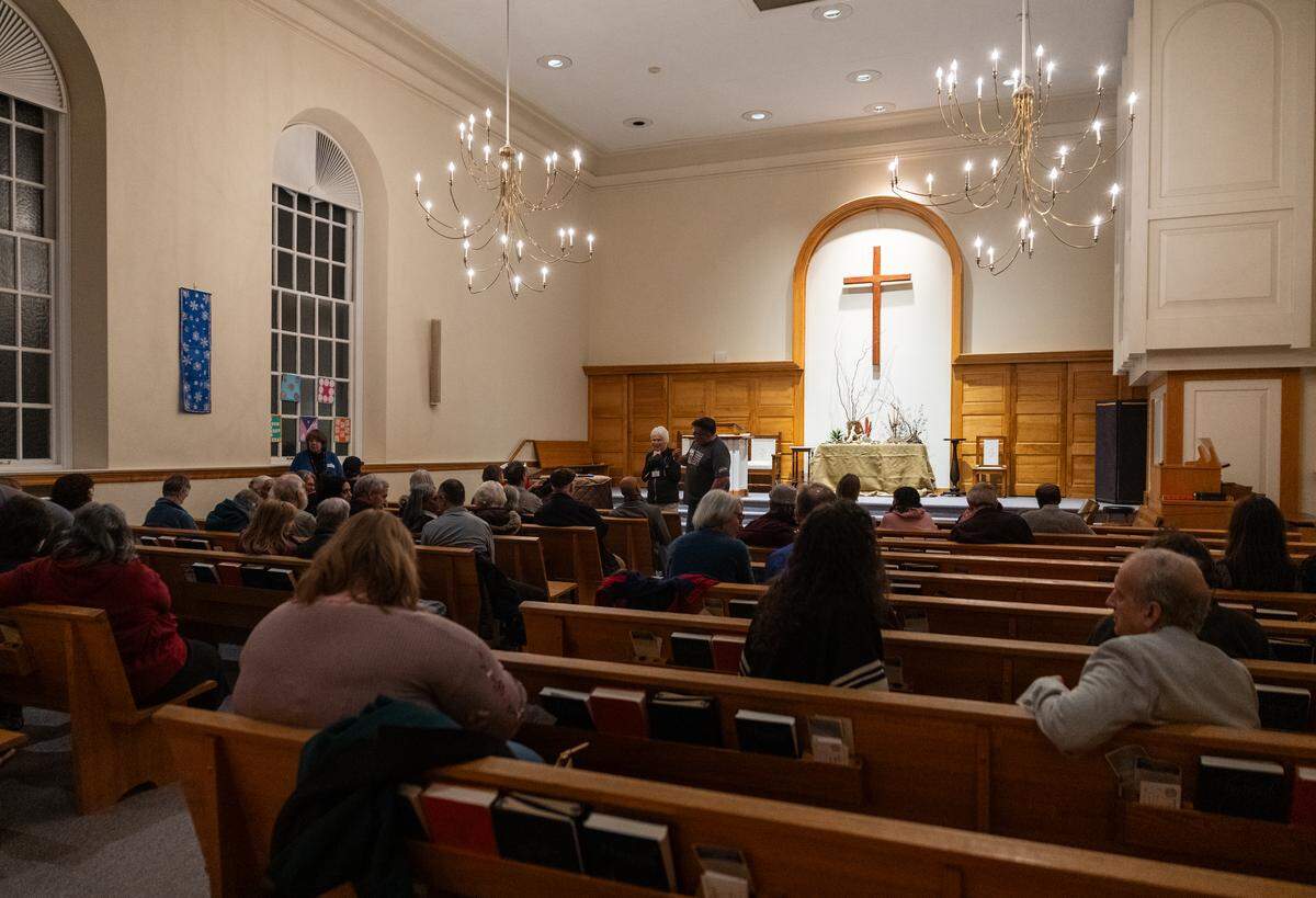 The University Baptist and Brethren Church is seen before a screening of the true-crime show “It Couldn’t Happen Here” in State College, Pa., on Friday, Feb. 27, 2026. The episode features Subramanyam “Subu” Vedam, a State College man who spent more than four decades in prison before his murder conviction was vacated.