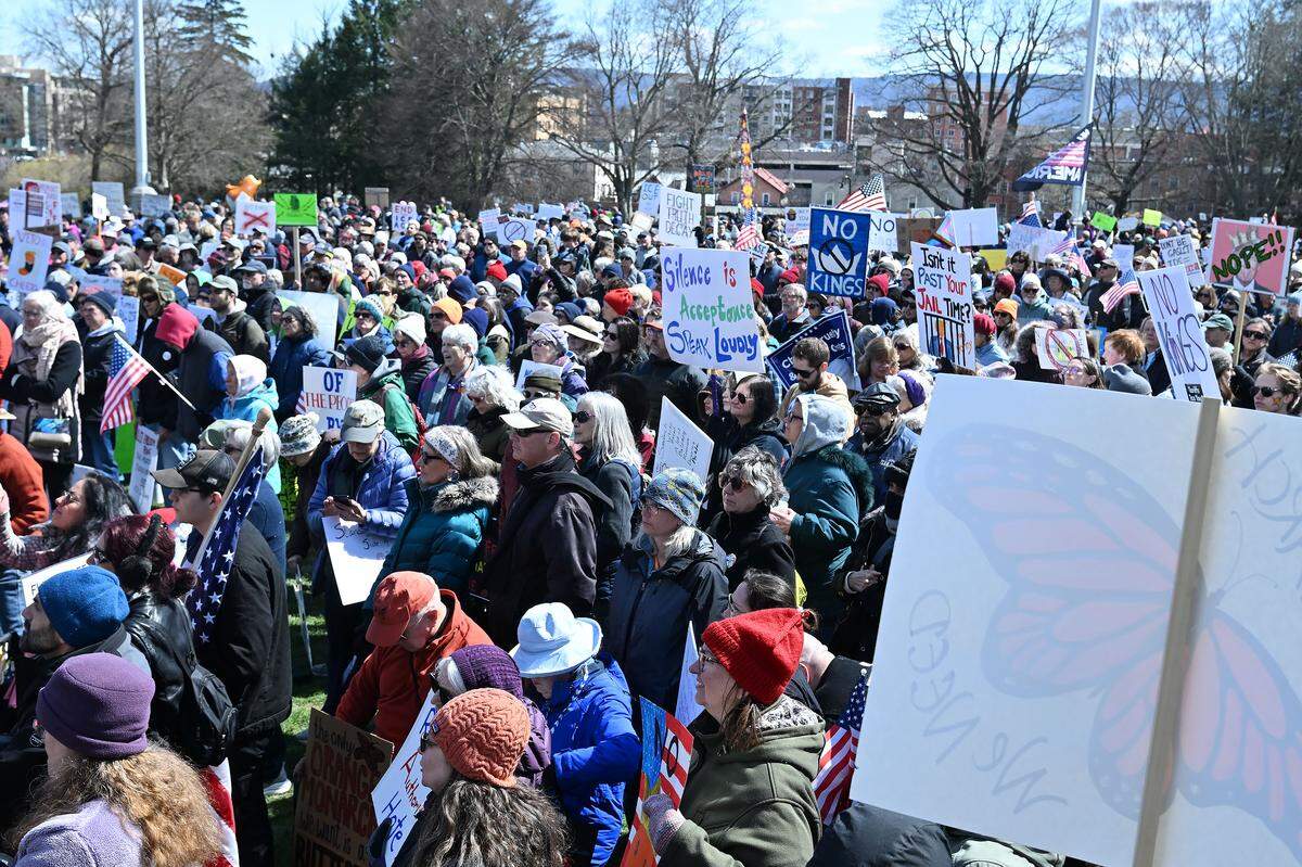 Thousands of people gathered on Old Main lawn for the No Kings anti-Trump rally on Saturday.