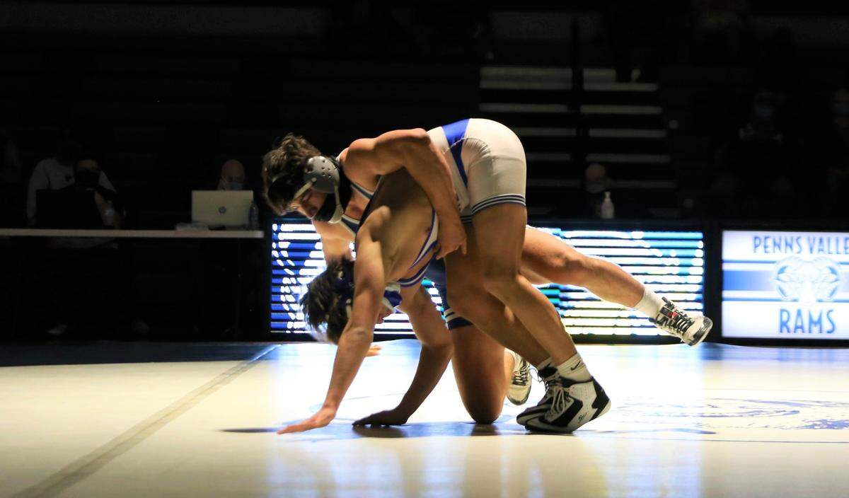 Penns Valley’s Cole Felker controls Glendale’s Zeke Dubler in their 172-pound bout of the Rams’ 34-31 loss on Tuesday in the District 6 Class 2A Team Championships semifinals match. Felker topped Dubler 3-2 in ultimate tiebreaker No. 2.