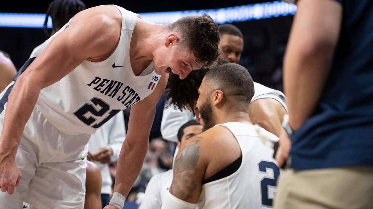 Penn State forward John Harrar (21) celebrates with Penn State guard Myles Dread (2) during a NCAA basketball game featuring Penn State and Northwestern at the Bryce Jordan Center on Friday, Feb. 25, 2022 in University Park, Pa.