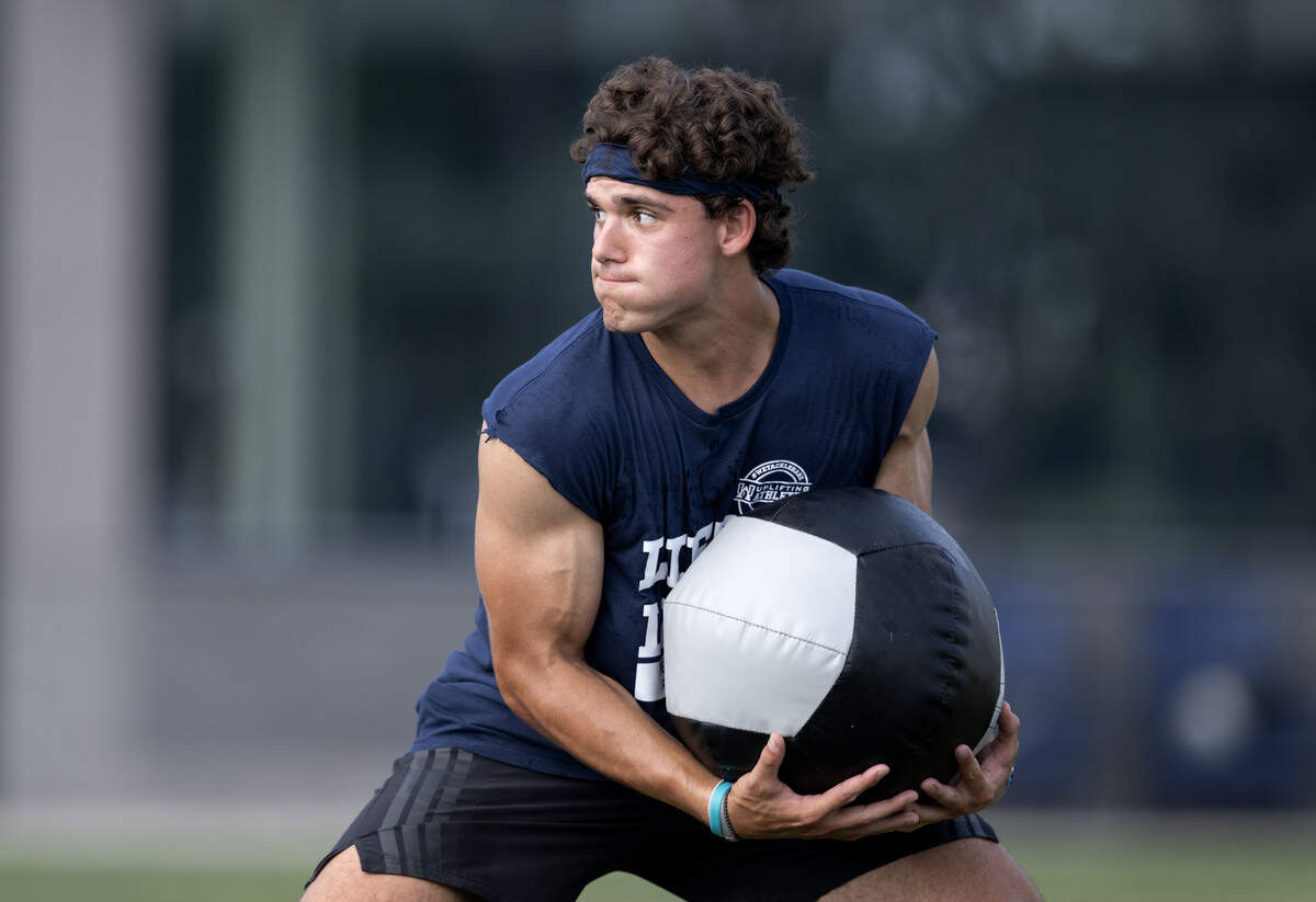 Penn State quarterback Rocco Becht competes in the weighted ball relay during Lift For Life on Wednesday, July 1, 2026.