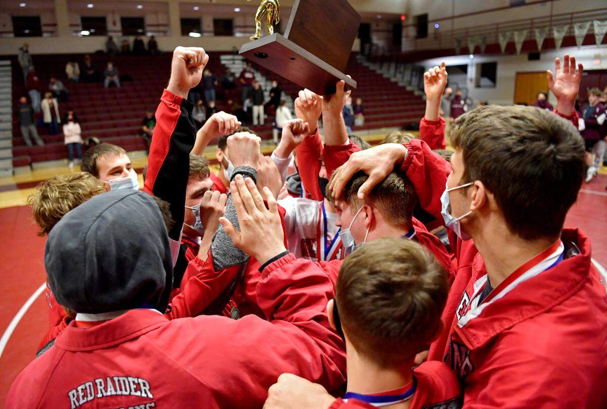 Bellefonte wrestlers celebrate winning the District 6 3A team championships on Thursday, March 18, 202.