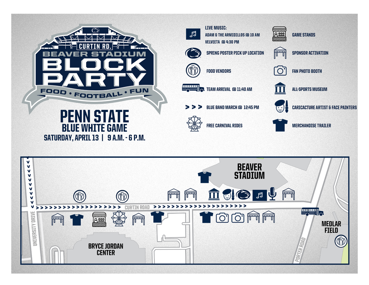 This map shows the broad layout for Penn State’s Beaver Stadium Block Party.