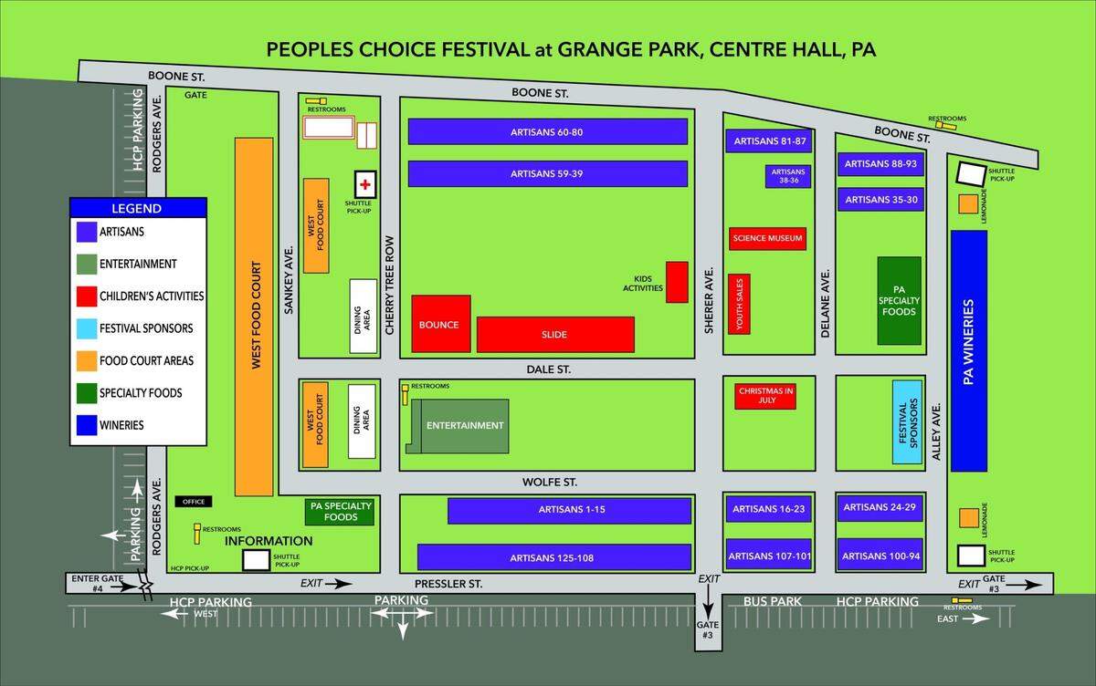 This event map shows the layout of this year’s People’s Choice festival, including artist booths, entertainment, food vendors, parking and more.