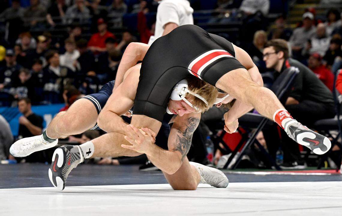 Penn State's Josh Barr controls Ohio State’s Luke Geog in a 197-pounds semifinal bout at the Big Ten wrestling championships on Saturday, March 7, 2026 at the Bryce Jordan Center.