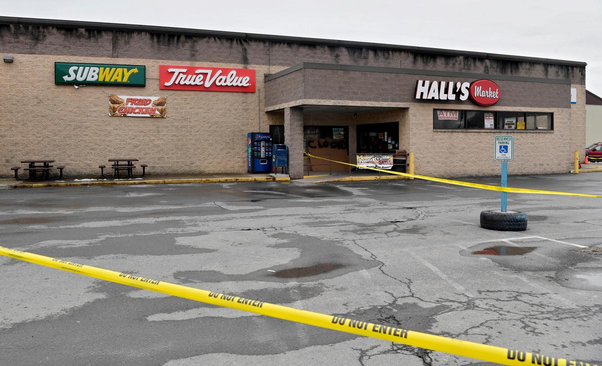 Soot can be seen around the top of Hall’s Market in Snow Shoe that suffered a fire in the early hours of Tuesday, Feb. 25, 2020.