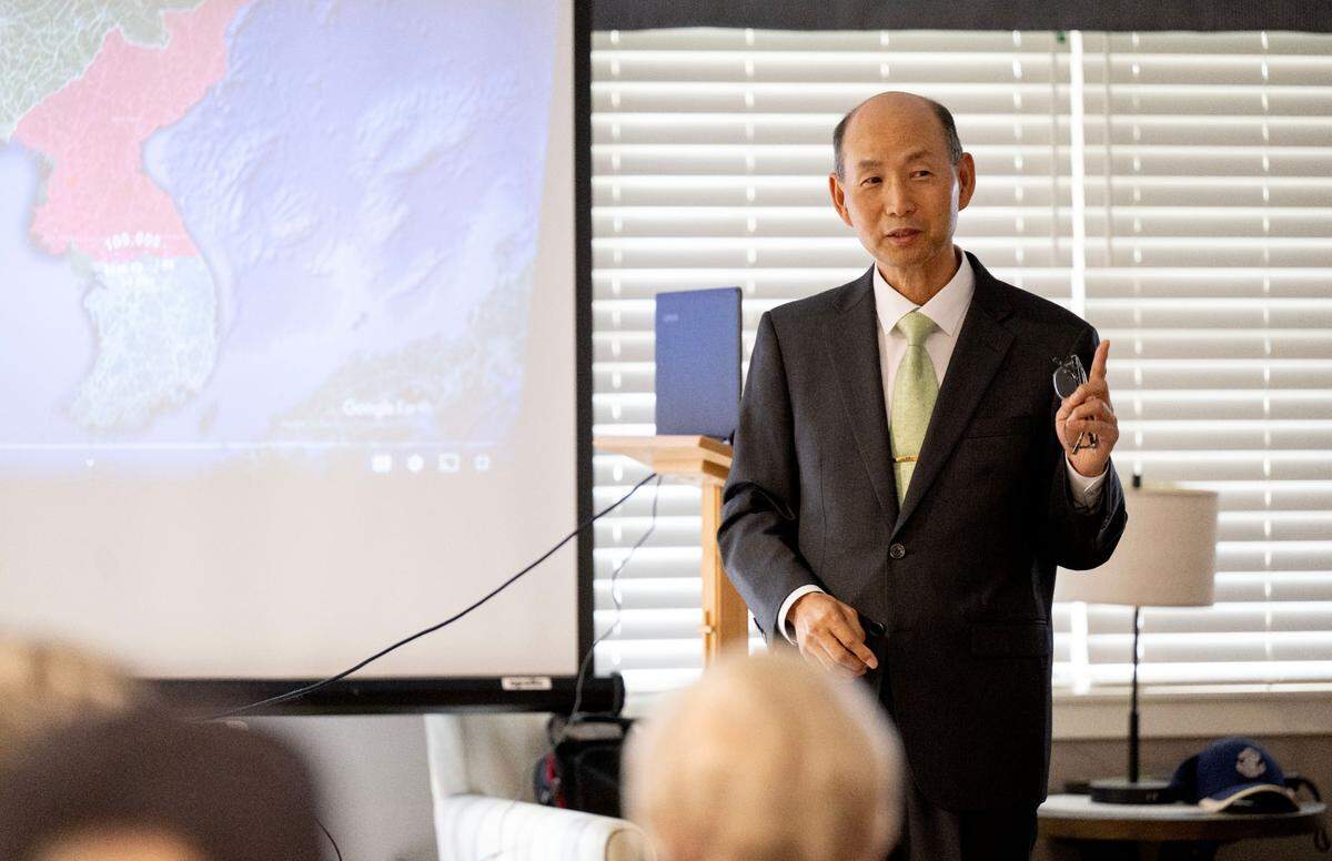 Ben Chon talks about the Korean War during an Ambassador of Peace Medal presentation at Celebration Villa of Nittany Valley on Friday, July 18, 2025.