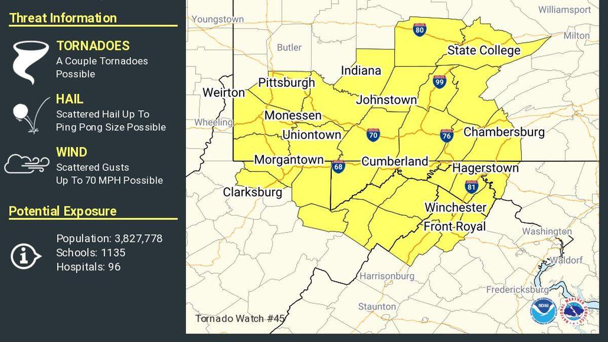 The National Weather Service issued a tornado watch for counties in central and southwestern Pennsylvania through 8 p.m. on Wednesday, March 11.