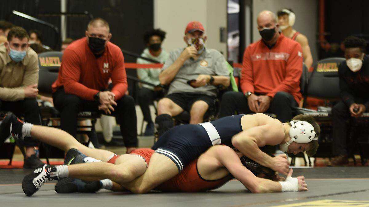 Penn State’s Drew Hildebrandt controls Maryland’s Zach Spence in their 125-pound bout during the Nittany Lions’ 46-0 win on Friday, Jan. 7, 2022. Hildebrandt made his Penn State debut by pinning Spence in 1:38.