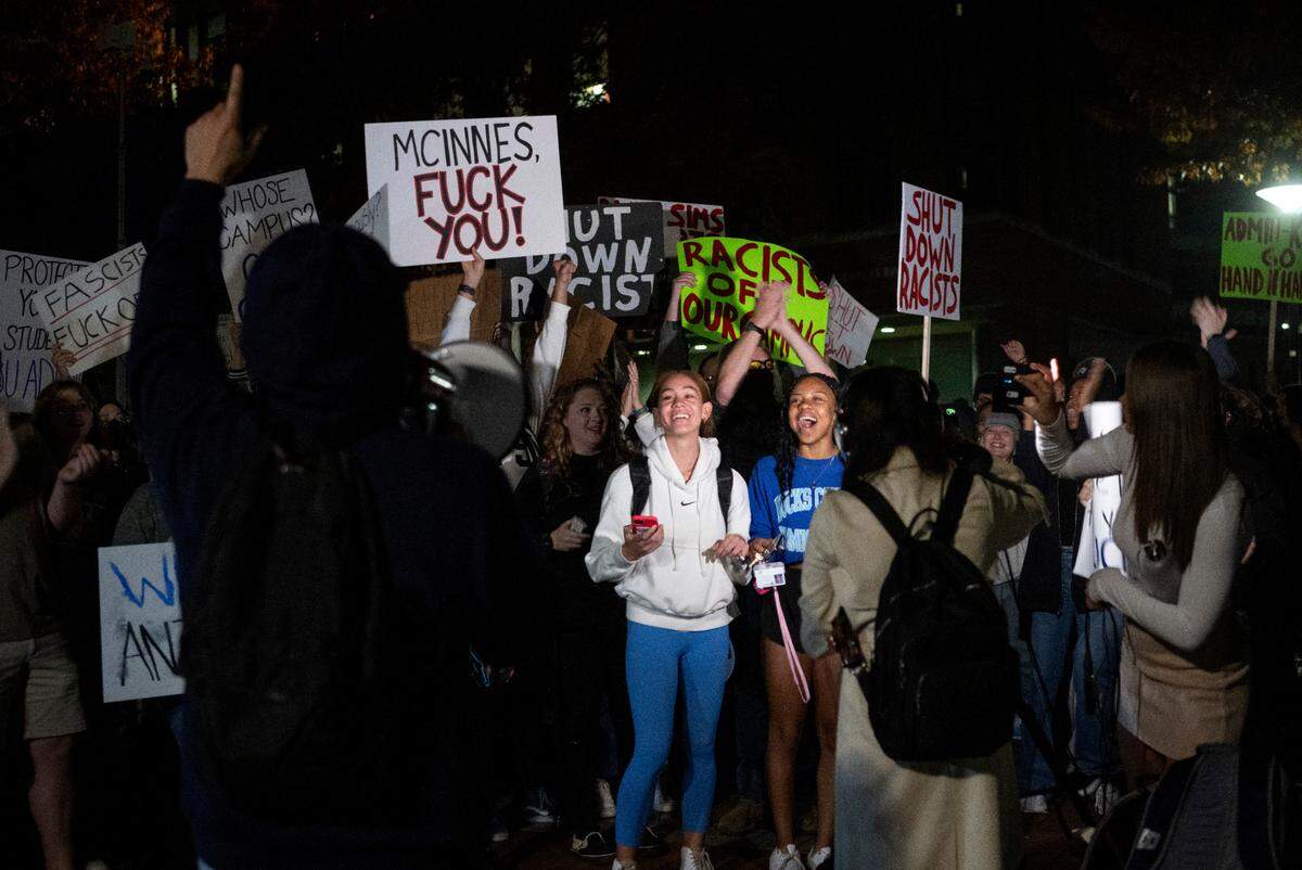 Protesters cheer when the Penn State event features the Proud Boys founder was canceled on Monday, Oct. 24, 2022.