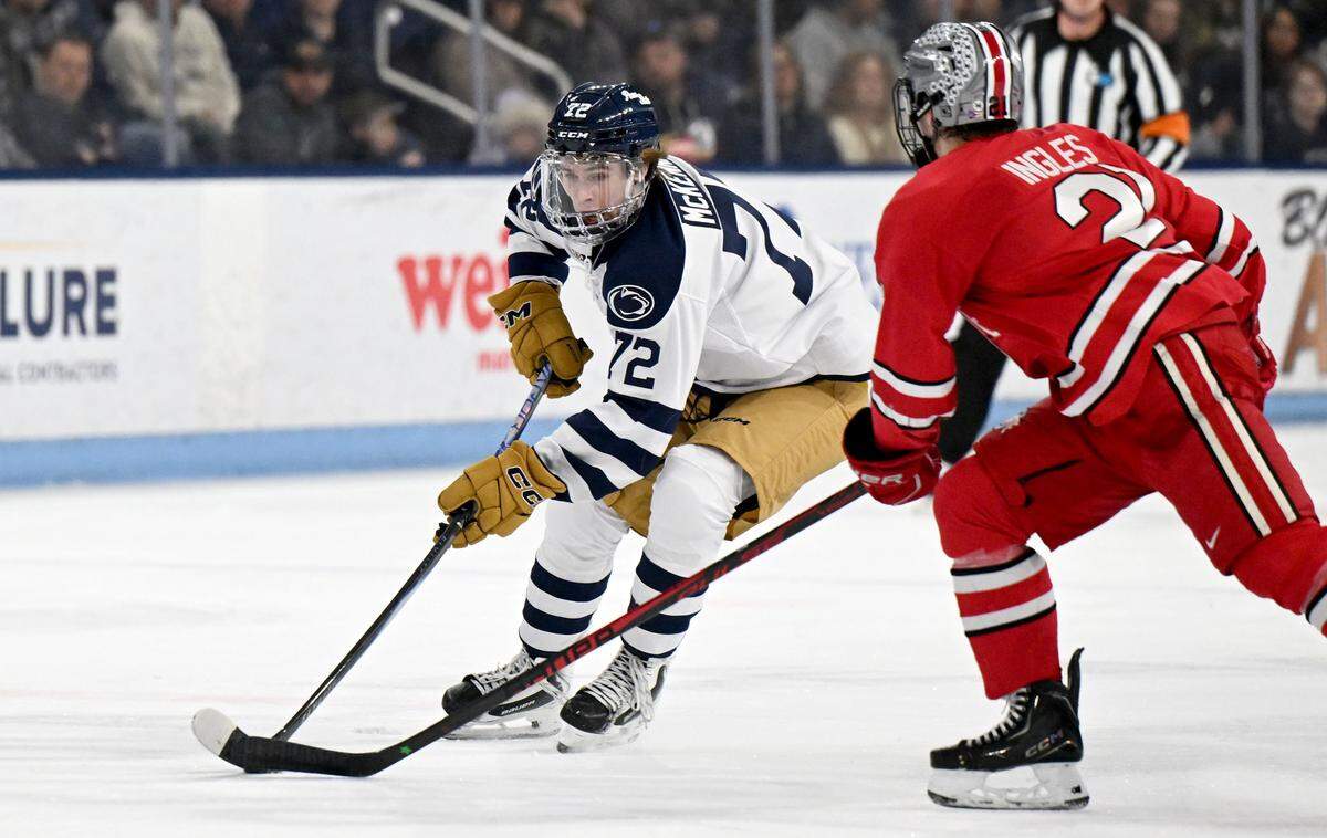 Penn State's Gavin McKenna skates around Ohio State’s Bryce Ingles during the game on Friday, Feb. 20, 2026.  