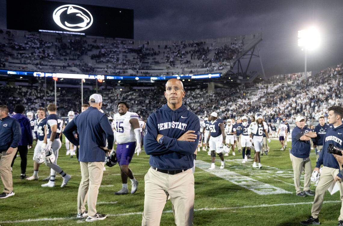 Penn State football coach James Franklin watches Northwestern celebrate after the game on Saturday, Oct. 11, 2025.