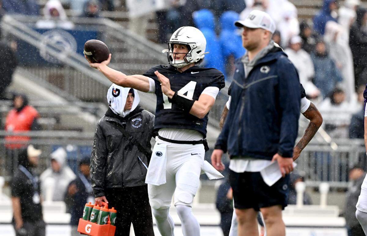Penn State quarterback Peyton Falzone makes a pass during the Blue-White Practice on Saturday, April 25, 2026.  