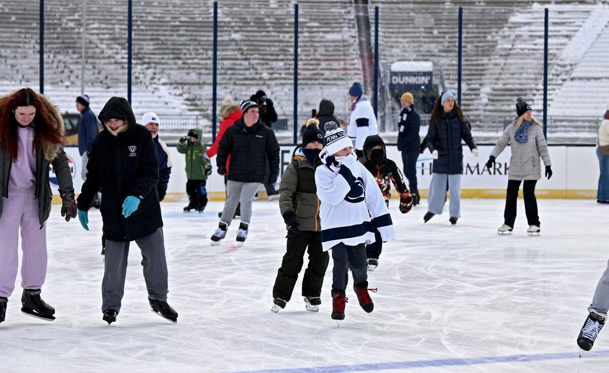 Penn State fans participate in the first public skate session on the ice at Beaver Stadium on Wednesday, Jan. 28, 2026.  