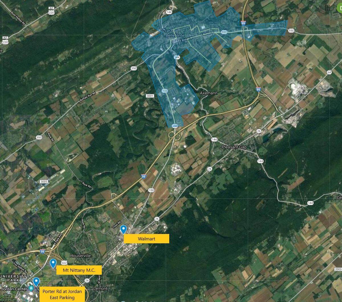 A map of the zone where CATA riders can access unlimited van service and three anchor points that connect to other fixed routes.