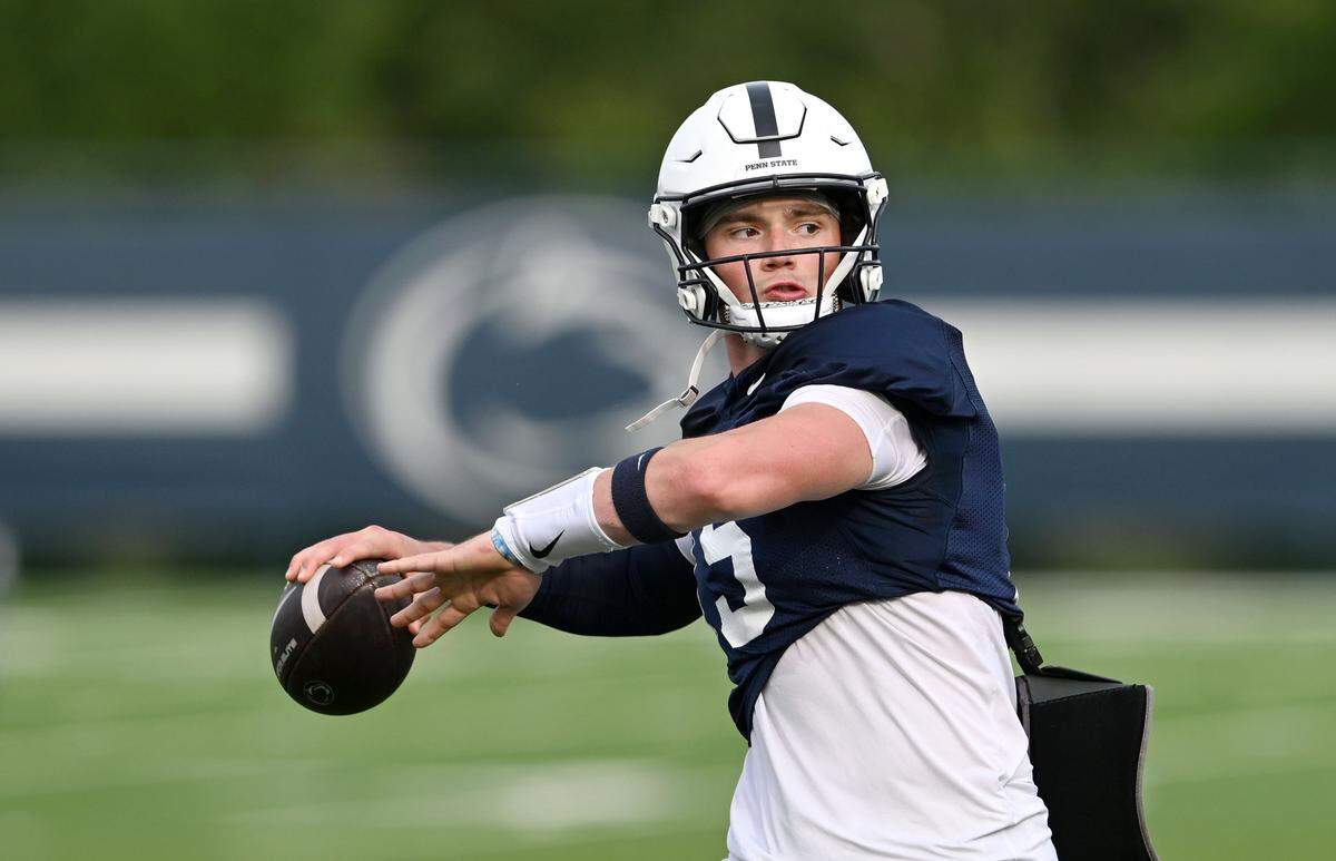 Penn State quarterback Drew Allar makes a pass during practice on Saturday, Aug. 2, 2025.