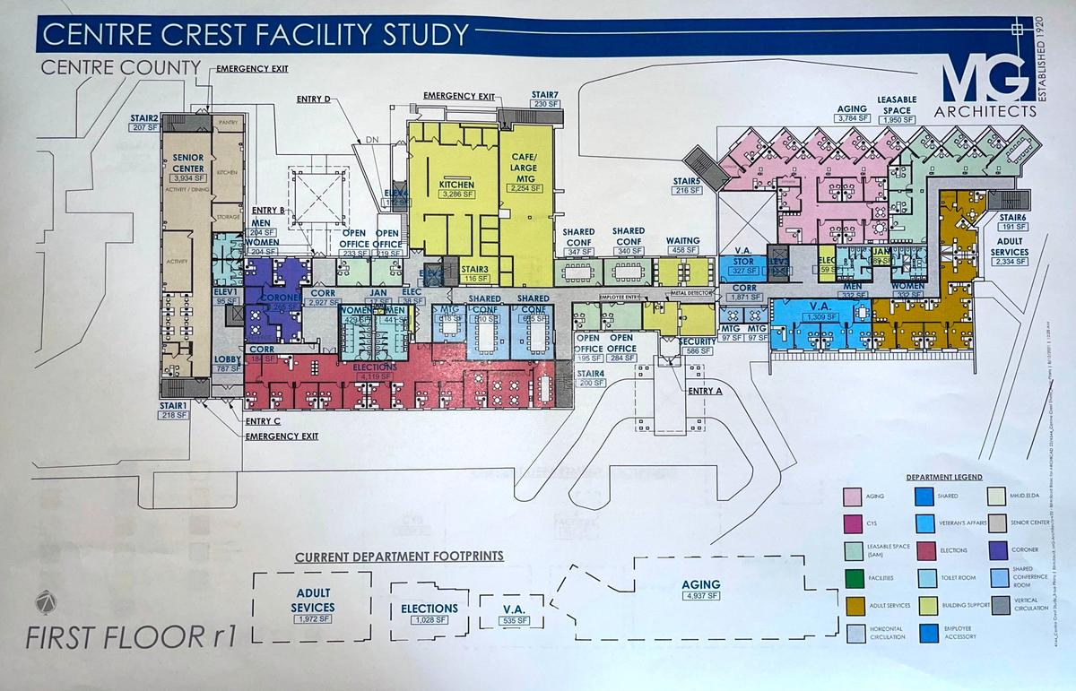 The preliminary rendering of the first floor of the former Centre Crest building, which includes moving some county agencies.