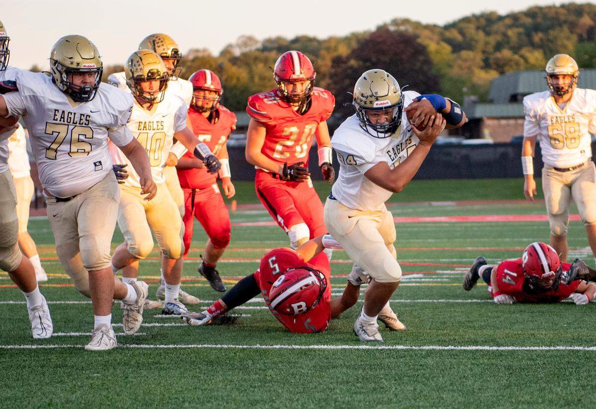 Bald Eagle Area’s Tre Greene dives into the end zone for touchdown during the game against Bellefonte on Friday, Sept. 9, 2022.