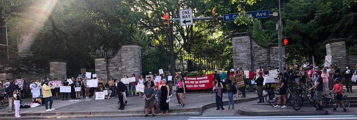 By 7 p.m. Saturday, a crowd of more than 100 had gathered in downtown State College to protest the U.S. Supreme Court’s ruling to overturn Roe v. Wade.