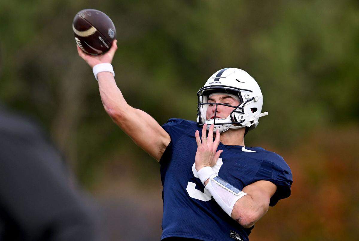 Penn State quarterback Beau Pribula makes a pass during practice on Wednesday, Oct. 30, 2024.