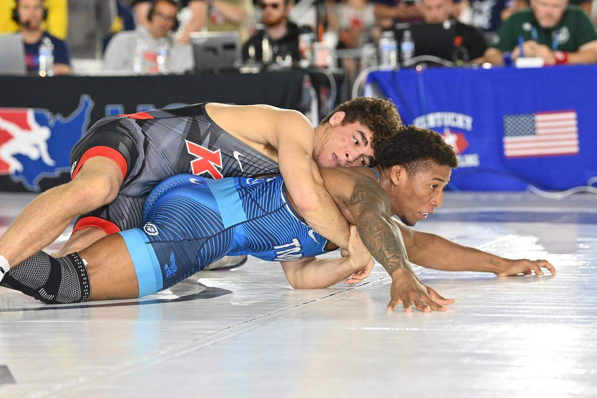 Penn State commit Jayden James controls former Iowa State wrestler David Carr in their 74-kilogram finals of the US World Team Trials in Louisville, Ky. on Friday, May 15, 2026. Carr defeated James, 9-7.