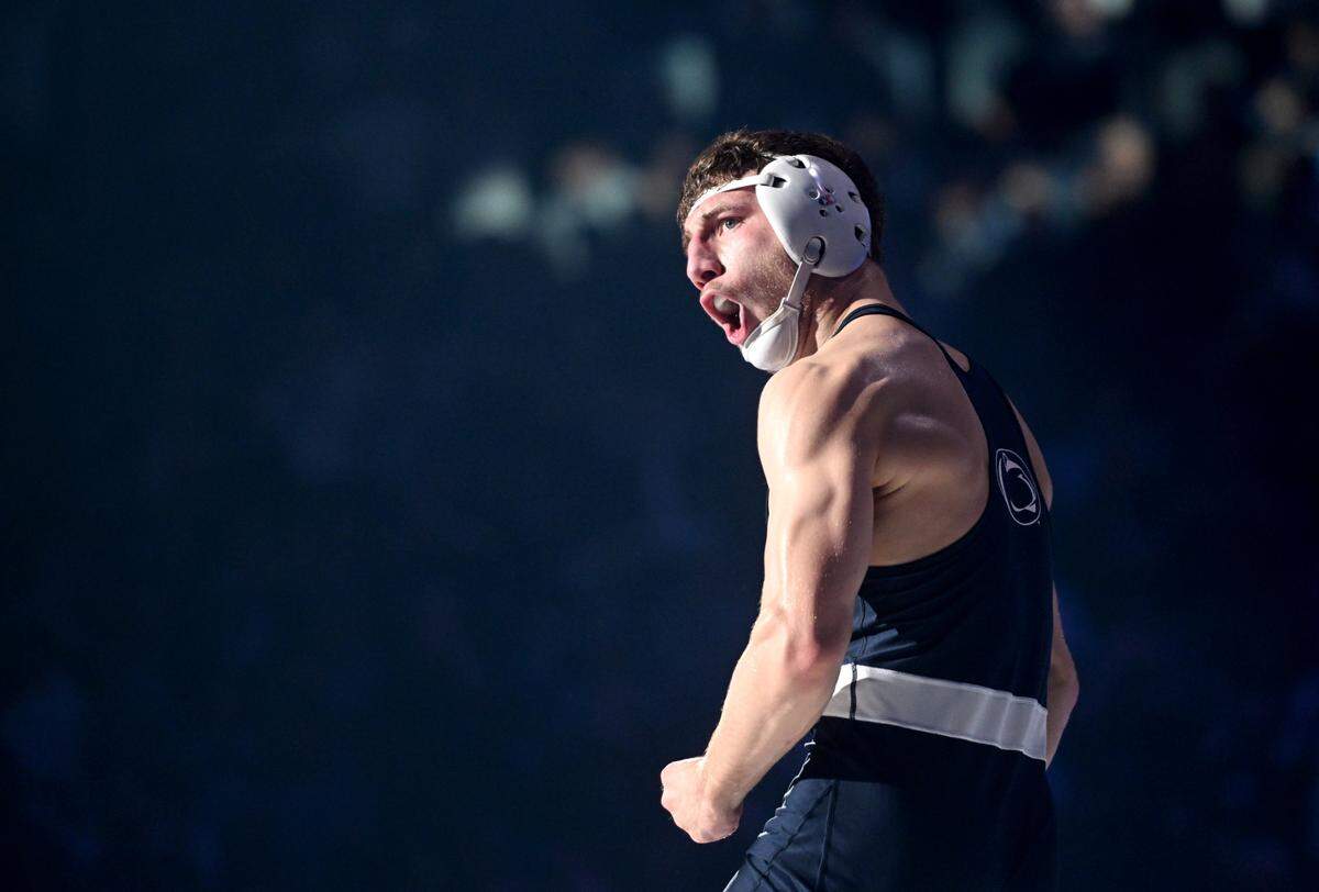 Penn State’s Mitchell Mesenbrink celebrates his tech fall win over Iowa’s Mikey Caliendo in the 165 lb bout of the match on Friday, Jan. 31, 2025 at the Bryce Jordan Center.