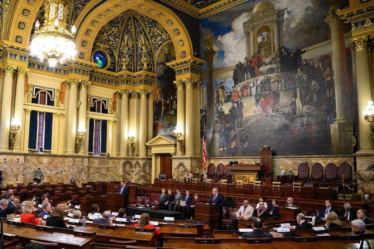 Secretary of State Al Schmidt delivers remarks at the start of Pennsylvania’s 60th Electoral College meeting in Harrisburg.