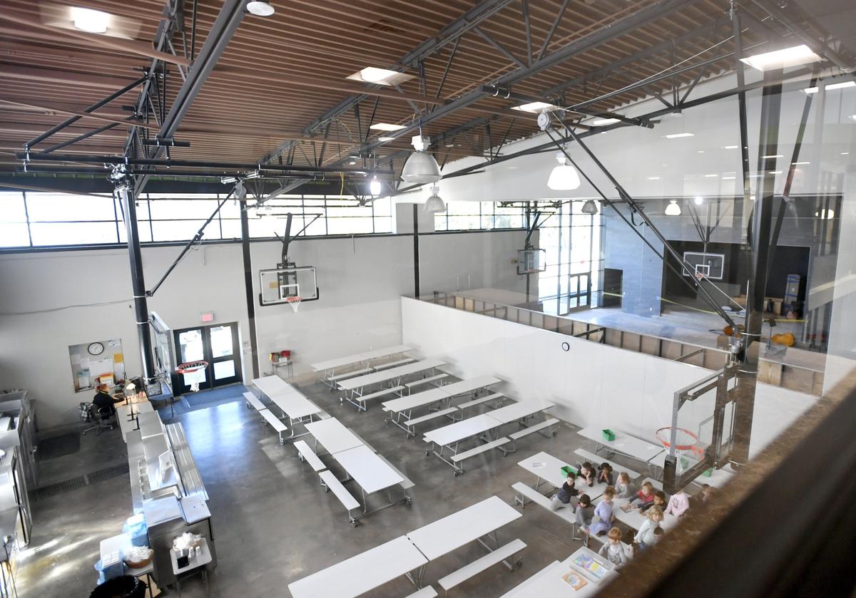 A look into the new multipurpose space from the faculty lounge at Corl Street Elementary on Friday, Jan. 11, 2018. Portions of the Corl Street Elementary renovations are completed as other sections continue to be worked on.