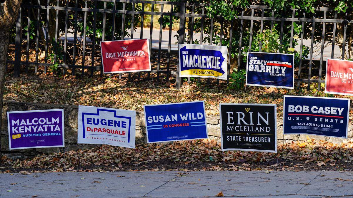 Campaign signs are shown outside Kirby Sports Center on Nov. 5, 2024, in Easton, Northampton County, Pennsylvania.