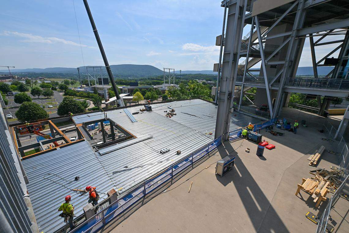 Construction crews work on the east side of Beaver Stadium during July. This round of projects are expected to be complete by the start of the football season.